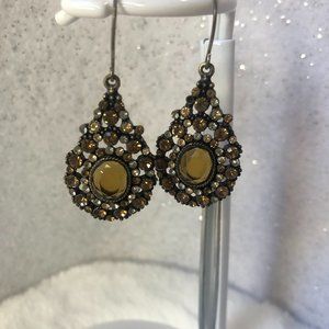 Jeweled Brown And Crystal Clear Teardrop Shaped Earrings